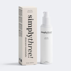 die Vorderseite des Acne Care Moisturiser (Creme) von simplythree inkl. Verpackung